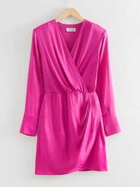 & Other Stories Satin Wrap Dress in Vibrant Pink